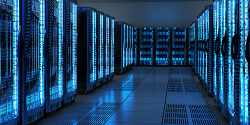 Server racks with telecommunication equipment in server room